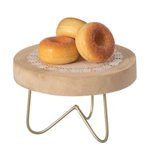 Decorative Natural Round Wood Tree 7.75 in. x 5 in. Slice Serving Tray with Gold Metal Stand