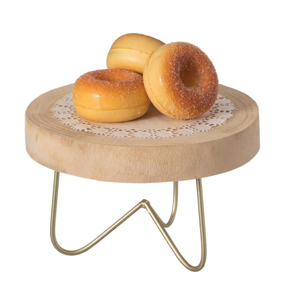 Vintiquewise Decorative Natural Round Wood Tree 7.75 in. x 5 in. Slice Serving Tray with Gold Metal Stand