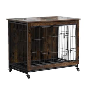 38 in. Brown Heavy-Duty Dog Cage Dog Crate Furniture with Wheels