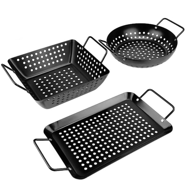 Grill Basket Set with Non-Stick for Grilling Vegetables, Seafood, Meat, Charcoal, Gas and Outdoor Grills, Black (3-Pack)