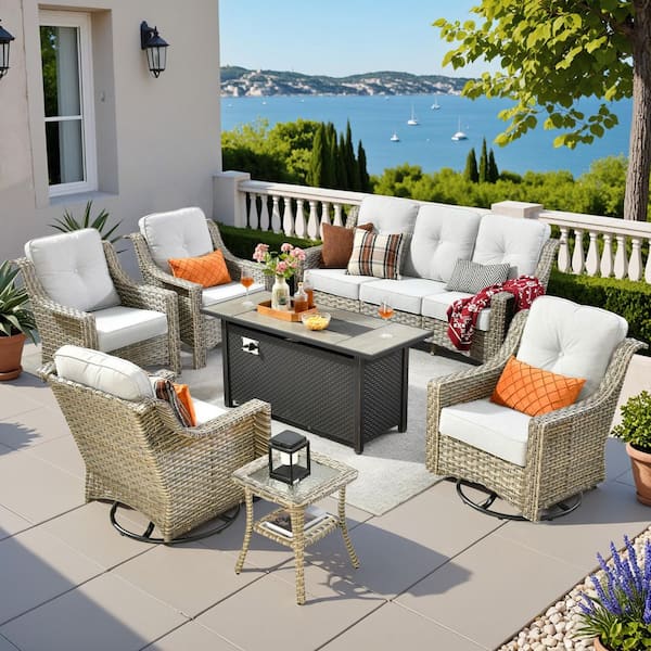 Eureka 7-Piece Wicker Patio Conversation Sofa Swivel Chair Set with Metal Fire Pit Table and Light Gray Cushions