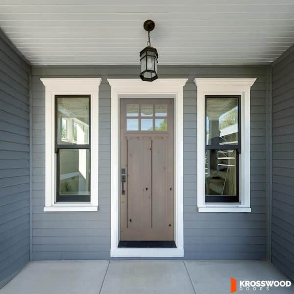 42 in. x 96 in. Knotty Alder Right-Hand/Inswing 6-Lite Clear Glass Weathered Gray Stain Wood Prehung Front Door w DS