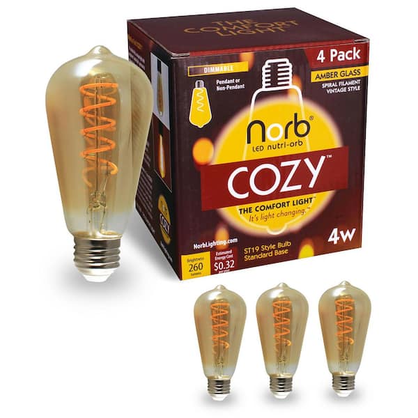 NorbCOZY 4W Equivalent Relaxing ST19 2200K Dimmable Warm Amber Spiral Cozy Vintage Edison LED Light Bulb (4-Pack)