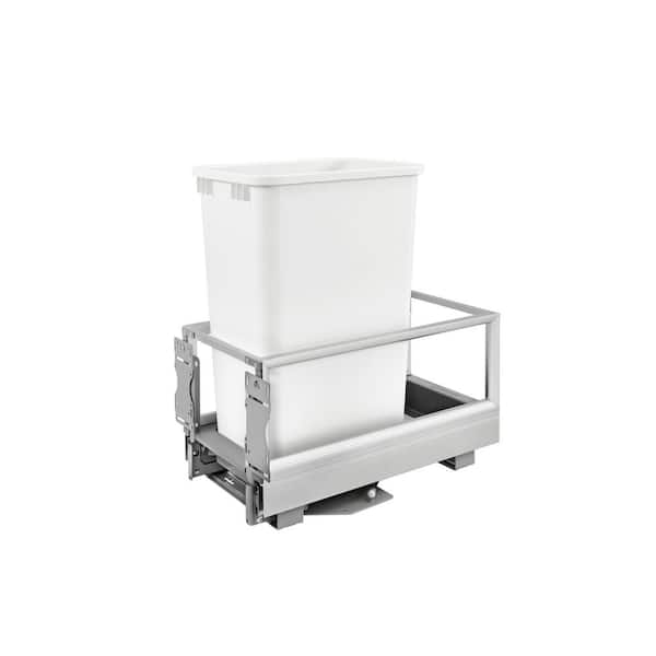 Rev-A-Shelf 23.5 in. H x 12.13 in. W x 22 in. D Single 50 Qt. Pull-Out Brushed Aluminum and White Waste Container with Rev-A-Motion