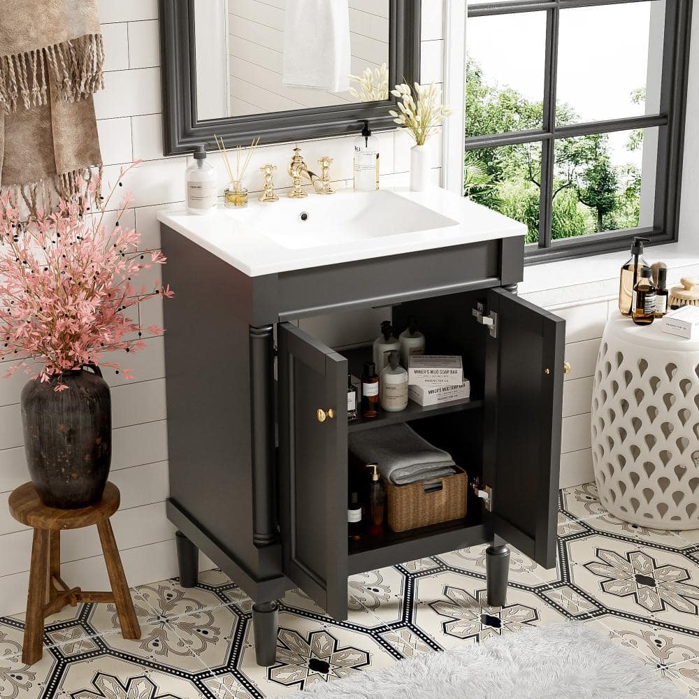 24 in. W x 18.1 in. D x 33.7 in. H Freestanding 2-Tier Bath Vanity in Black with White Ceramic Top(Unassembled) price history on PriceWatchPro