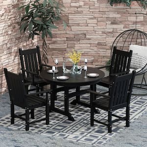 Hayes 5-Piece HDPE Plastic All Weather Outdoor Patio Round Trestle Table Dining Set with Arm Chairs in Black