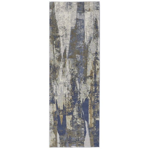 HomeRoots 2 ft. x 8 ft. Blue and Gray and Tan Abstract Area Rug