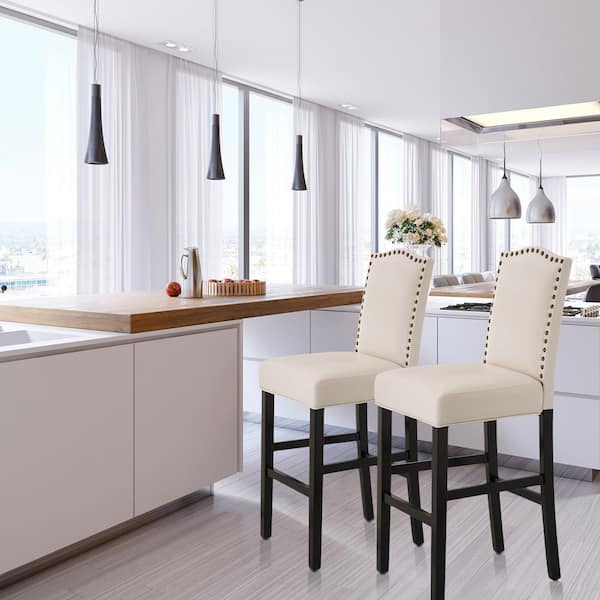 45.00 in. H Cream White Leatherette Barchair with Studded Decoration High Back Black Solid Rubberwood Legs (Set of 4)