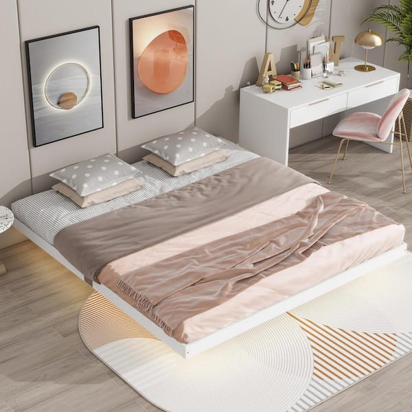Harper & Bright Designs Floating White Wood Frame King Size Platform Bed with Under-Bed LED Light, Low Profile