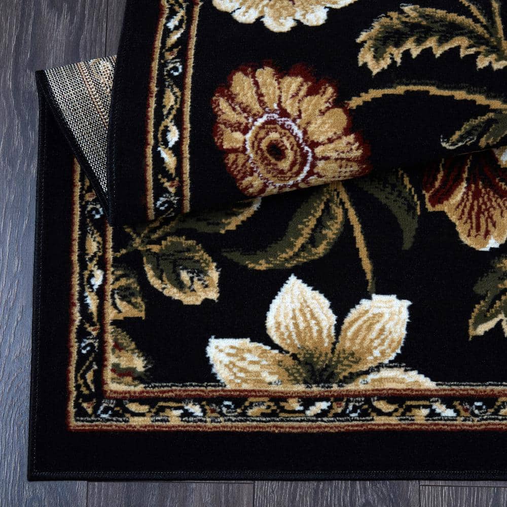 Black Floral Reversible Washable Synthetic Area Rug, 7'8" x 10'4"