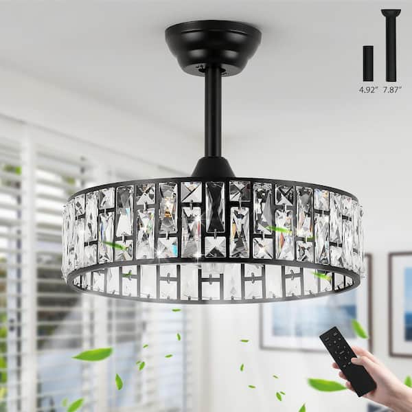 17.71 in. Indoor Modern Black Crystal Ceiling Fan Silent Remote Reversible Fan Blades