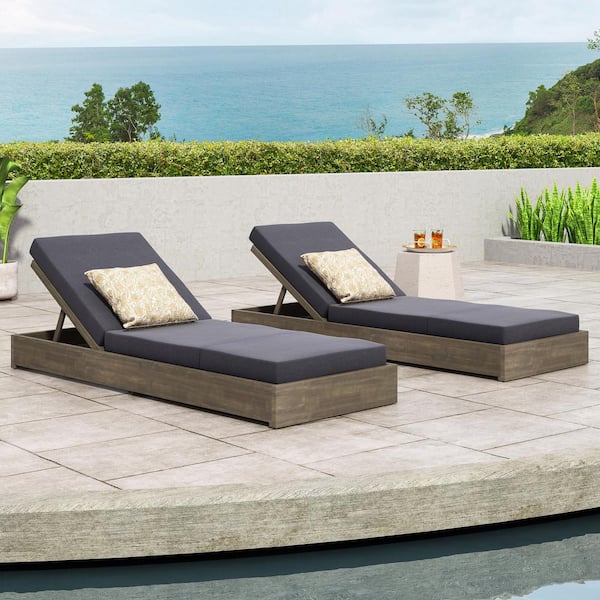 Mossbloom Outdoor Patio Cushioned Adjustable Chaise Lounge, Acacia Wood, Grey, Set of 2