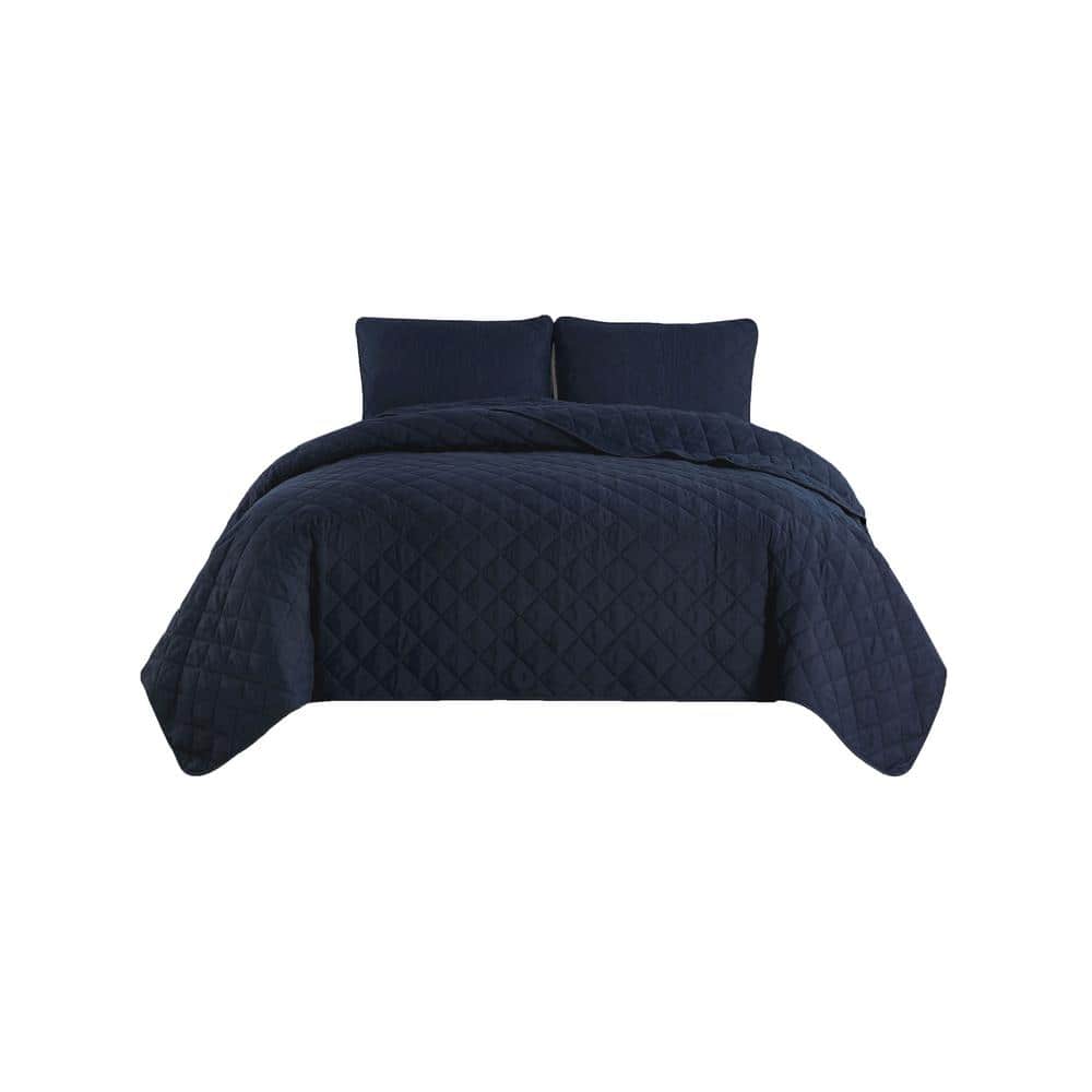 Navy Full Microfiber Diamond-Stitched Reversible Quilt Set