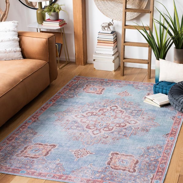 Serapi Blue/Brown 5 ft. x 8 ft. Machine Washable Geometric Distressed Area Rug