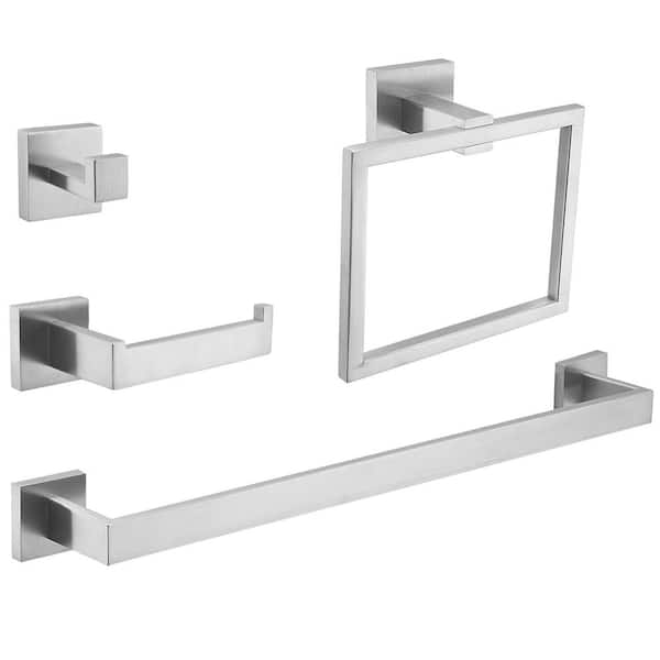 4-Piece Bath Hardware Set with Towel Bar/Rack for Bathroom Wall Towel Hook Toilet Paper Holder in Brushed Nickel