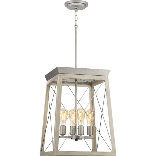 Briarwood 21 in. 4-Light Galvanized Farmhouse Foyer Chandelier with Painted Bleached Oak Frame
