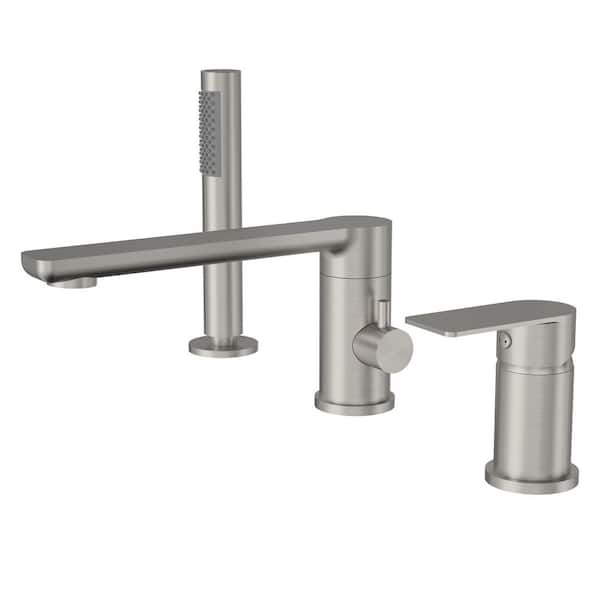 2 Handle Deck Mount Roman Tub Faucet 3.9GPM with Hand Shower and 360° Swivel Spout in Brushed Nickel