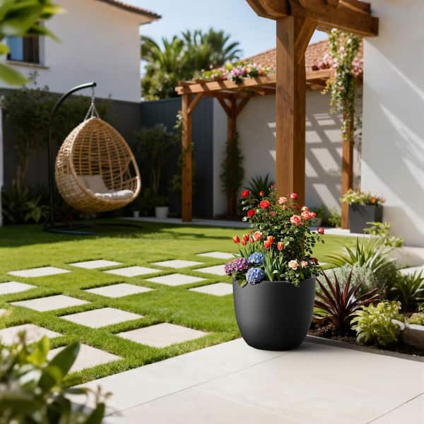 18in. W x 17in. H Tall Round Matte Black Concrete Planter Extra Large Indoor and Outdoor Plant Pot with Drainage Hole