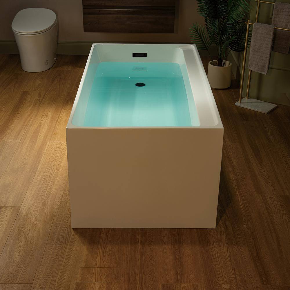 59-Inch White Acrylic Rectangular Freestanding Soaking Bathtub