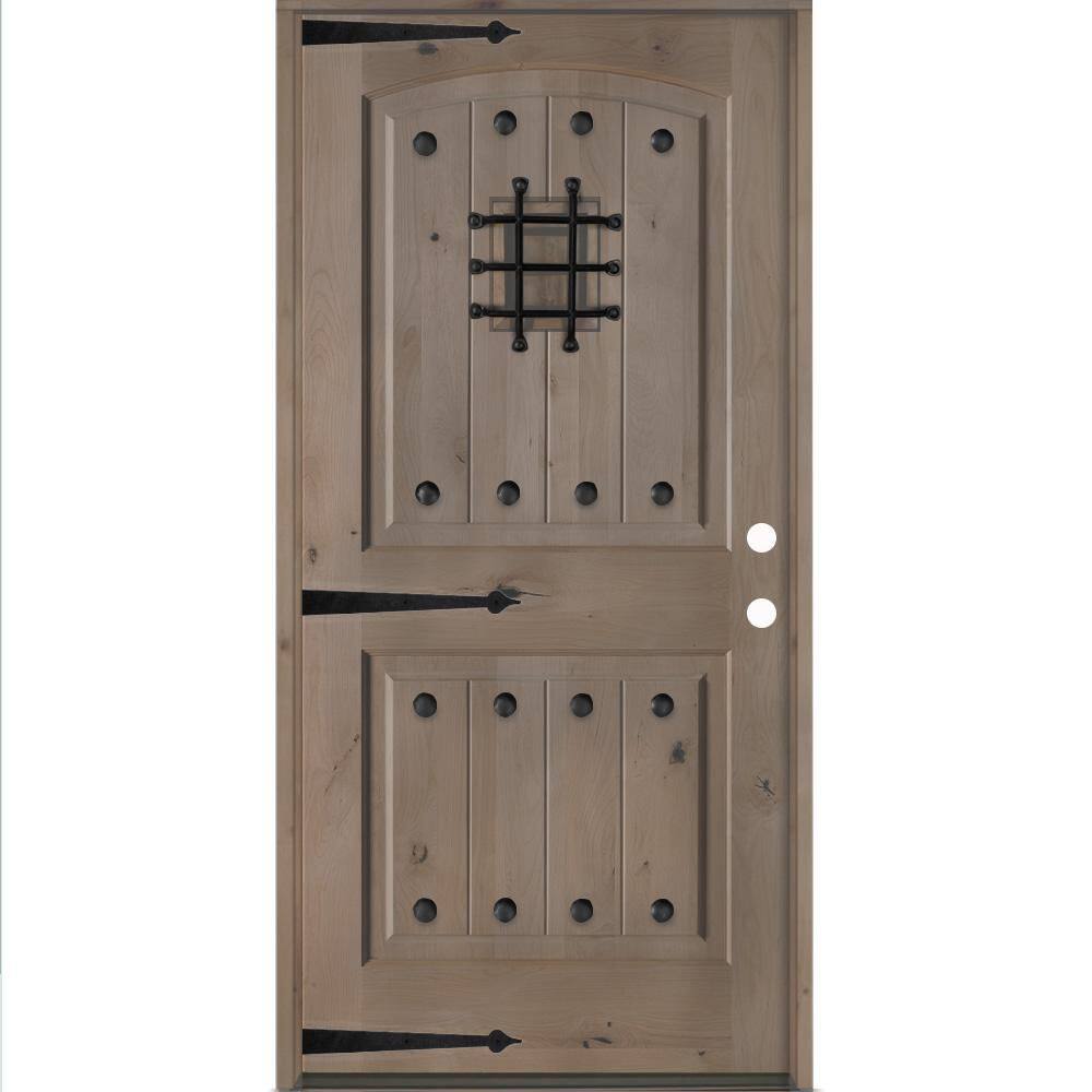 Mediterranean 32 in. x 80 in. Knotty Alder Left-Hand/Inswing Arch Top BEHR Weathered Gray Stain Wood Prehung Front Door price history on PriceWatchPro