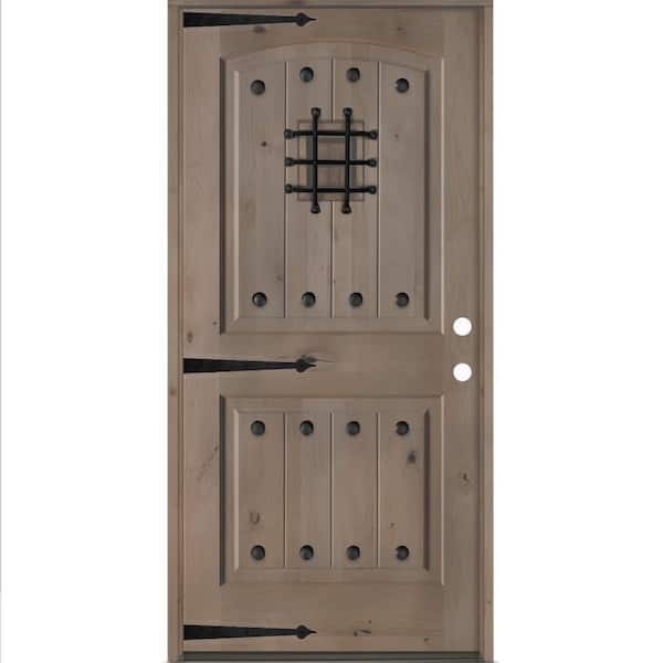 Mediterranean 36 in. x 80 in. Knotty Alder Left-Hand/Inswing Arch Top BEHR Weathered Gray Stain Wood Prehung Front Door