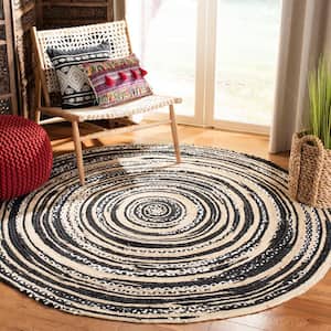 Cape Cod Black/Ivory Doormat 3 ft. x 3 ft. Striped Distressed Geometric Round Area Rug