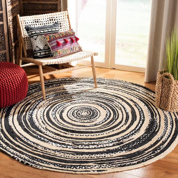 Cape Cod Black/Ivory Doormat 3 ft. x 3 ft. Striped Distressed Geometric Round Area Rug