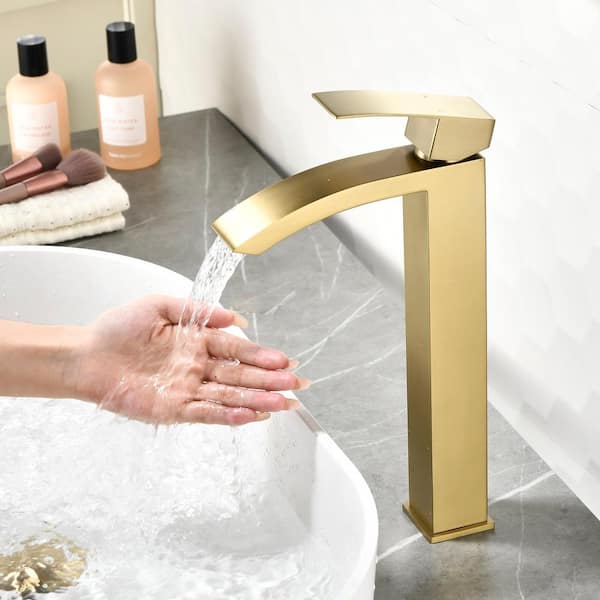 Ami High Arc Single Handle Single-Hole Bathroom Faucet 1.2 GPM with Drain in Brushed Gold