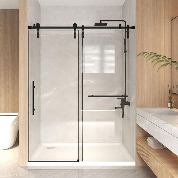 44-48 in. W x 76 in. H Sliding Frameless Shower Door in Matte Black with 5/16 in. Clear Tempered Glass