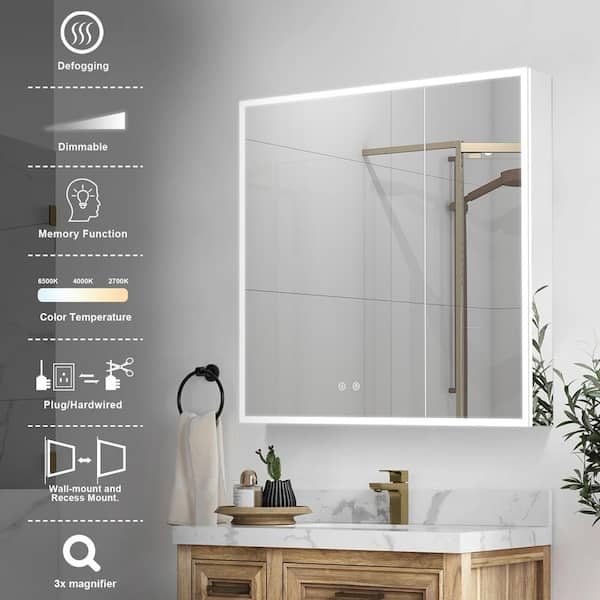 Forclover Dimmable LED Bathroom Medicine Cabinet 40-in x 30-in Defogging Surface Mount Black Mirrored Medicine Cabinet with 2 Side Cabinet Left Open