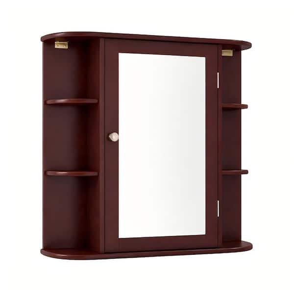 26 in. W x 25 in. H Rectangular MDF Medicine Cabinet with Mirror and 6 Open Storage Shelves in Brown