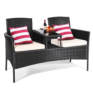 Black 1-Piece Rattan Wicker Patio Conversation Set Seat Sofa Loveseat Glass Table Chair with White Cushion
