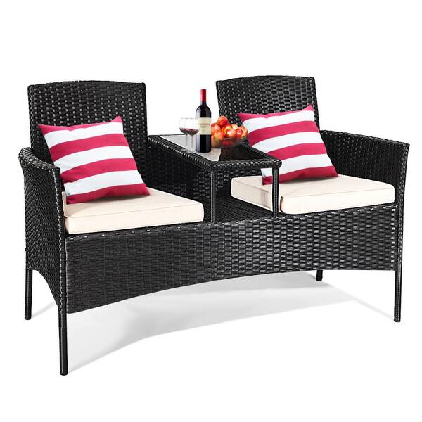 Unbranded 1-Piece Wicker Rattan Patio Conversation Set Loveseat Sofa Table and Chairs with White Cushions