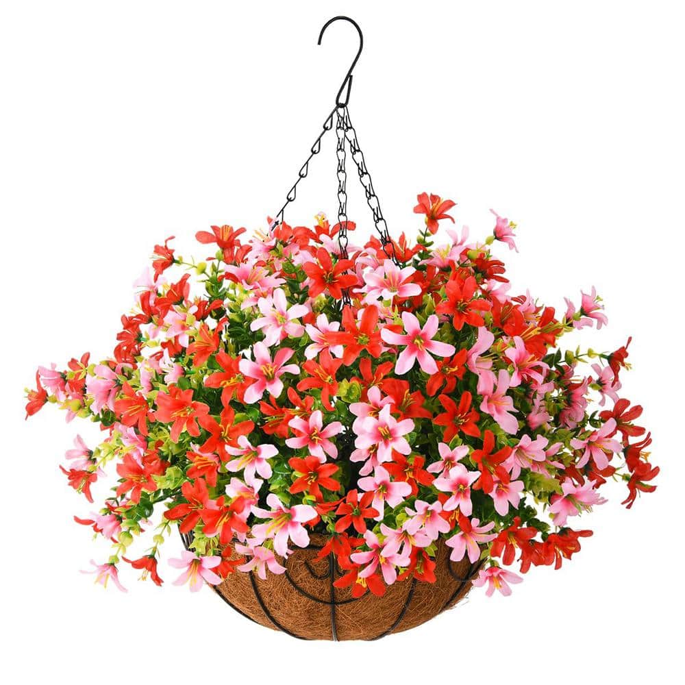 19.7 in. Red Pink Artificial Hanging Violet Flowers in Basket for Home Wedd