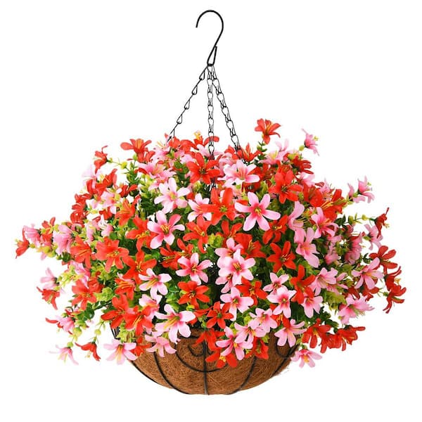 Unbranded 19.7 in. Red Pink Artificial Hanging Violet Flowers in Basket for Home Wedding Garden Decoration