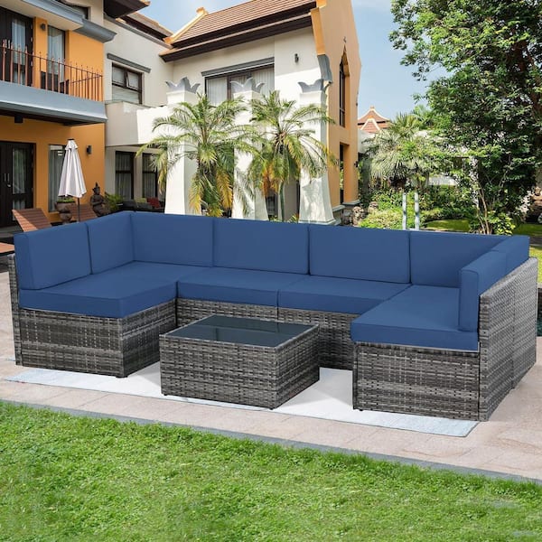 7-Piece Gray Wicker Outdoor Patio Conversation Set with Dark Blue ...