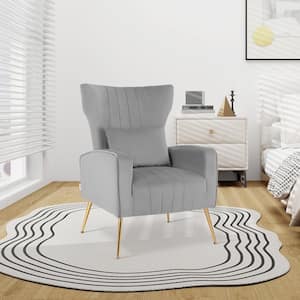 Gray Velvet Upholstered Wingback Arm Chair with Lumbar Pillow and Golden Metal Legs