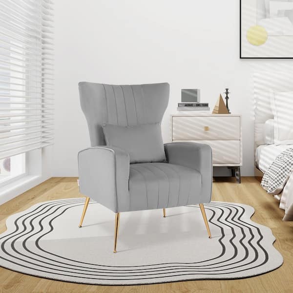 Gray Velvet Upholstered Wingback Arm Chair with Lumbar Pillow and Golden Metal Legs