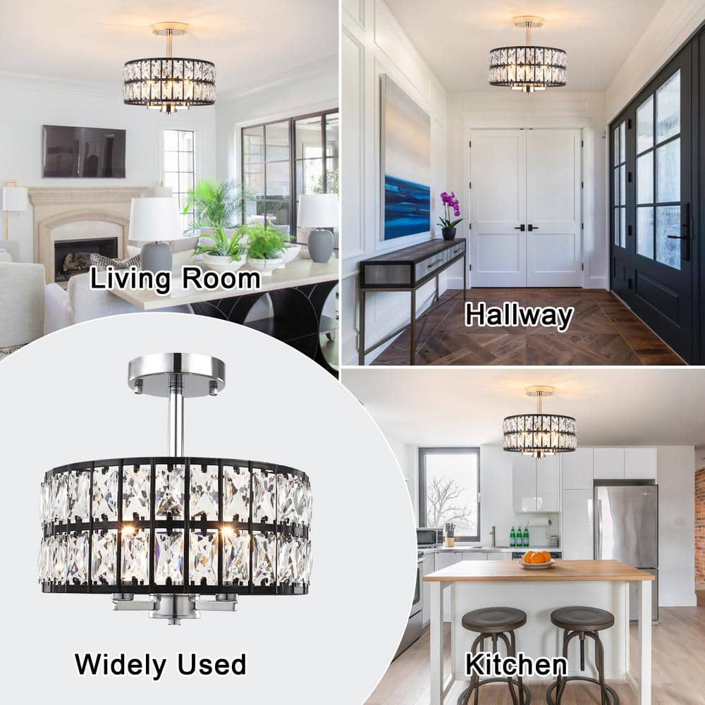 Black Metal and Crystal Drum Semi-Flush Mount Ceiling Light