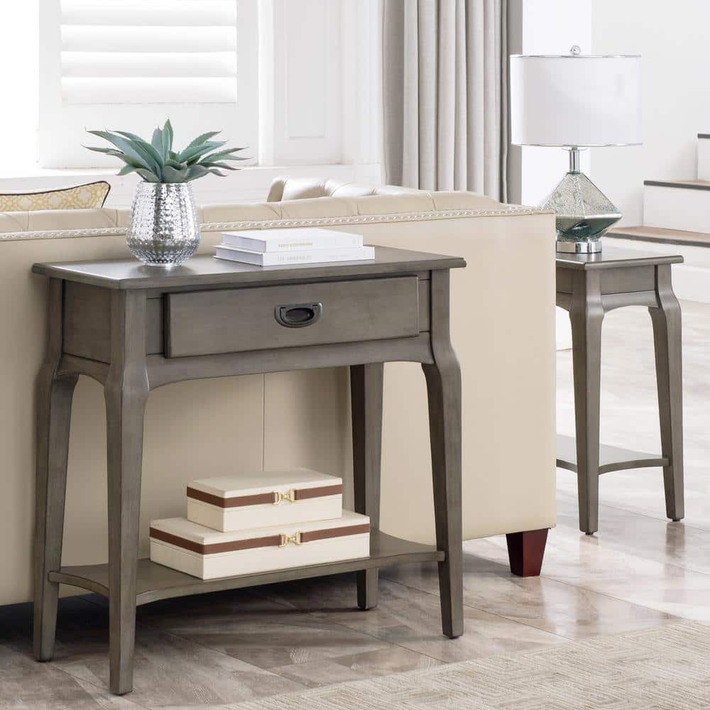 Gray Solid Wood Hall Console Table with Drawer and Shelf