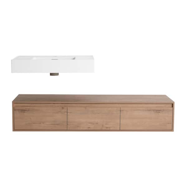 60 in. Wall-Mounted Single Oak Bath Vanity with White Resin Top Assembled