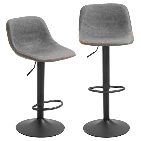HOMCOM 41.75 in. Grey Low Back Metal Bar Height Swivel Bar Stool with PU Leather Seat (Set of 2)