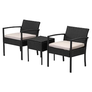 Black 3-Piece Wicker Patio Conversation Sectional Seating Set with Gray Cushions