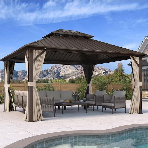 12 ft. x 14 ft. Bronze Aluminum Outdoor Hardtop Gazebo Metal Frame Galvanized Double Roof with Curtains and Nettings