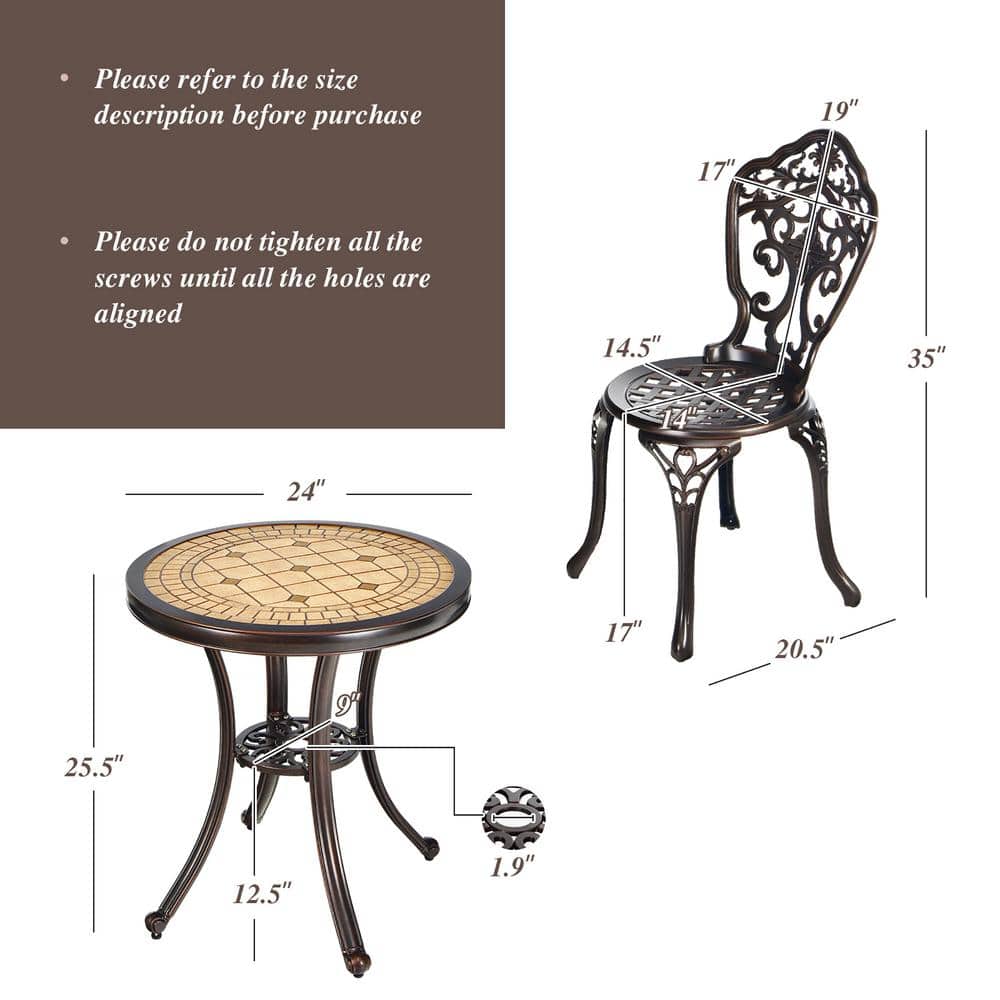 Costway  3-Pieces Metal Round Table Chairs Outdoor Bistro Set All-Weather Cast Aluminum Yard - 3