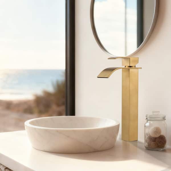 Single Handle Waterfall Single Hole Bathroom Faucet with Drain Kit Included in Brushed Gold