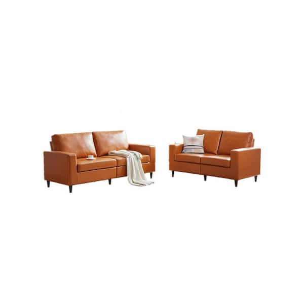 Donason 60.20 in. W Square Arm Faux Leather 3-Seat Straight Sofa with Loveseat in Brown (2 + 3 Seat)