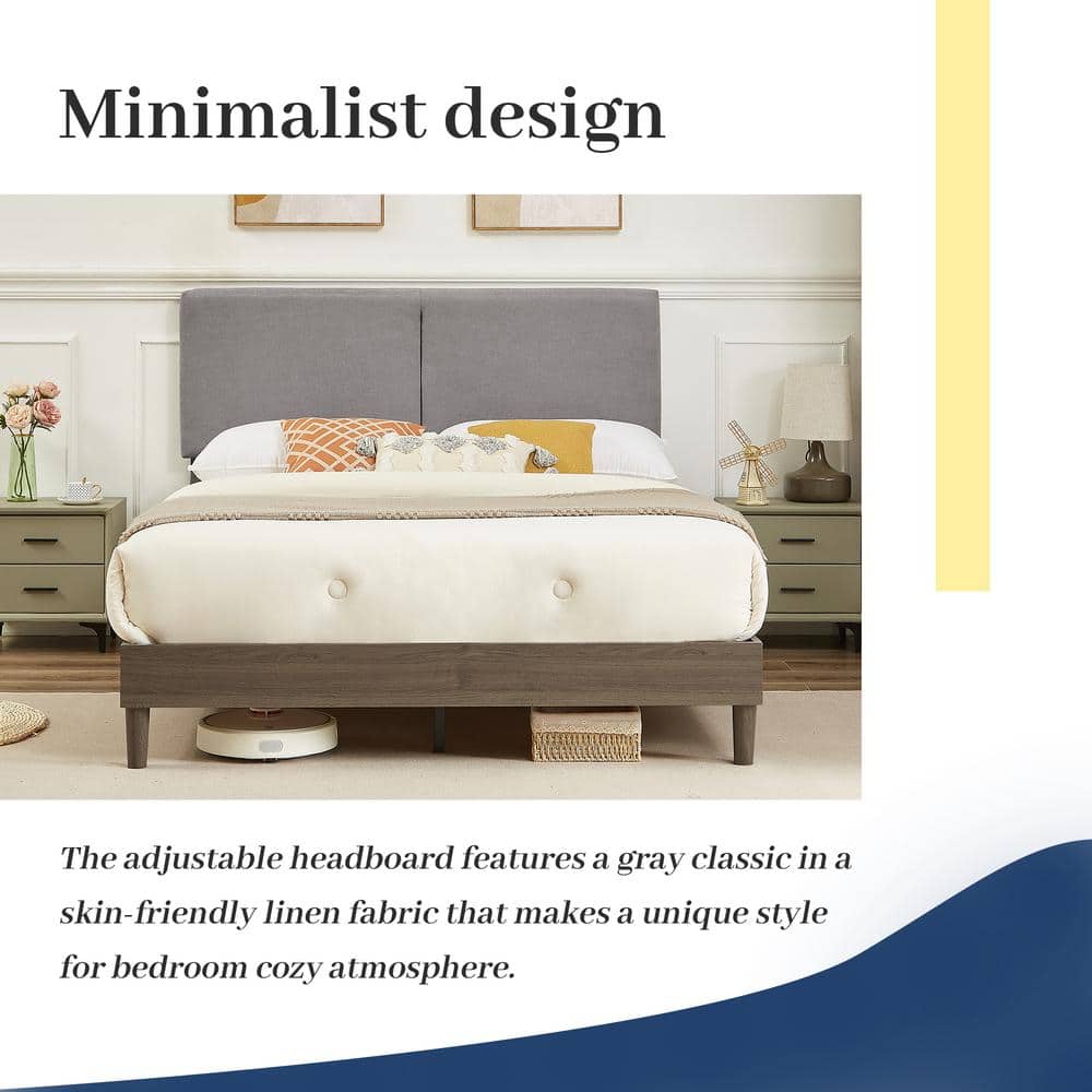 Upholstered Bed Frame with Linen Fabric Headboard, Strong Wood Slats Supports Platform Bed, Queen Size Bed, Beige - thumbnail 10
