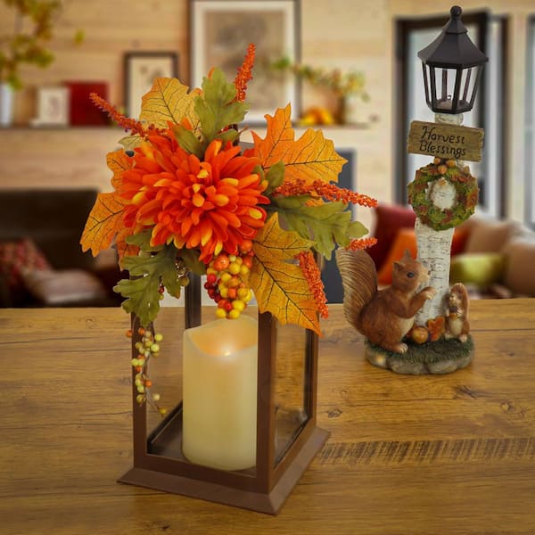 14" Mum Flower and Berries Decorated Harvest Lantern