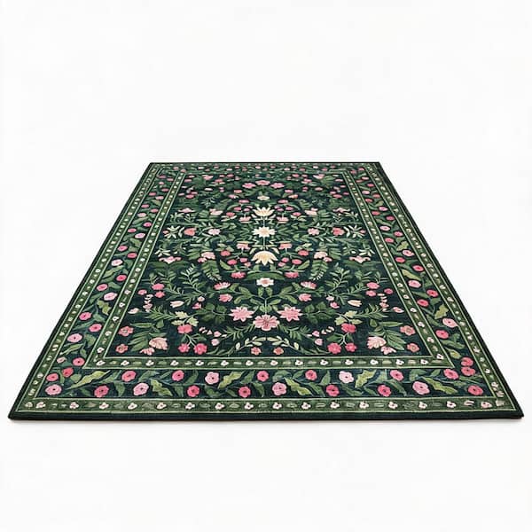Dark Green 8 X 10 ft. Floral Washable Low Pile Area Rug, Soft Non-Slip Indoor Carpet for Living Room,Bedroom,Dining Room